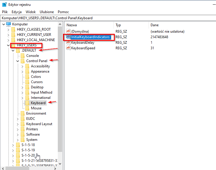 Edycja klawiatury numerycznej w rejestrze systemu Windows